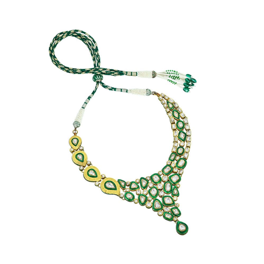 Cascading Polki Necklace with Green Enamel and Teardrop Center